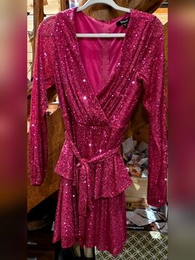 Trixxi Fuchsia Sequin Wrap Long-Sleeve Dress